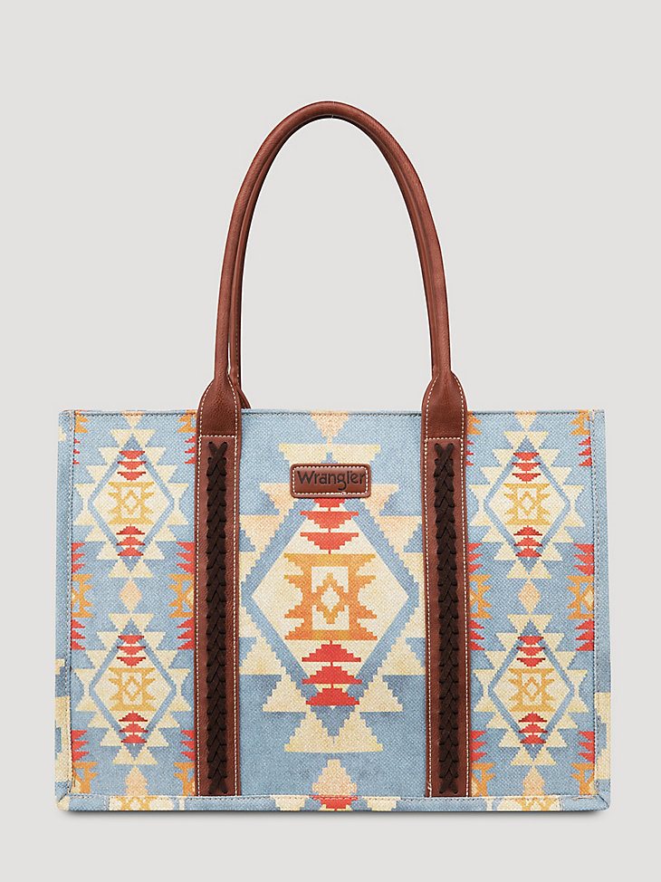 Southwestern Print Canvas Wide Tote in Light Blue