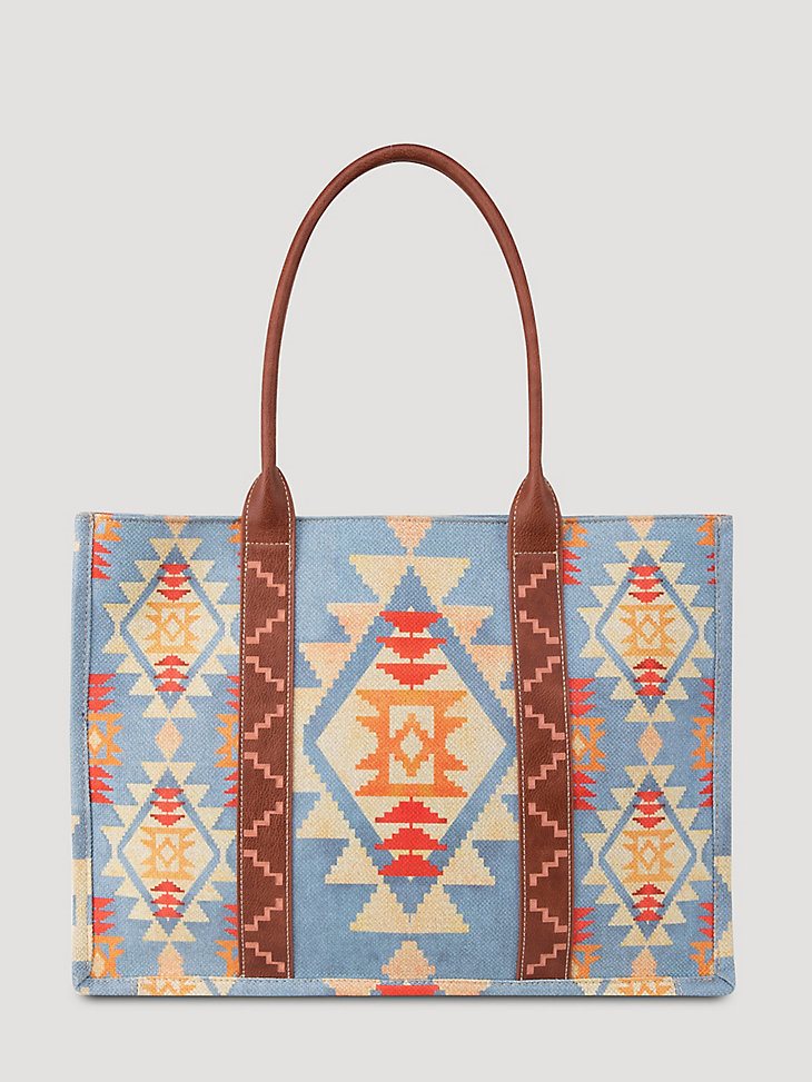 Southwestern Print Canvas Wide Tote in Light Blue