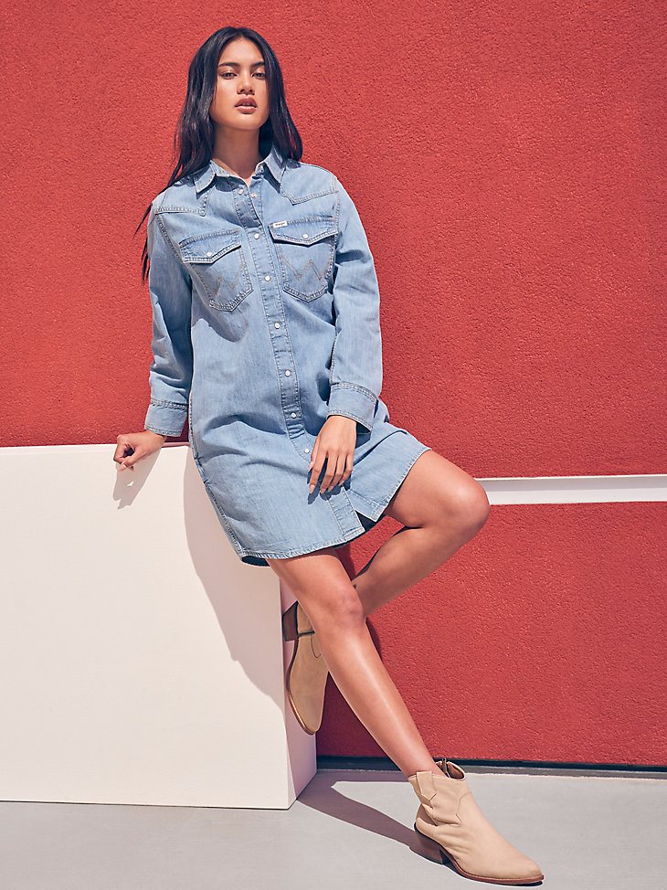 Women's Loose Fit Denim Shirt Dress in Scarecrow Blue