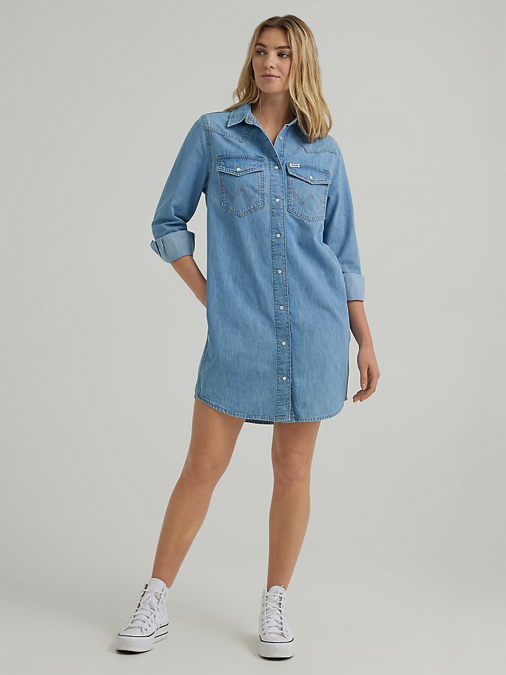 Women's Loose Fit Denim Shirt Dress in Scarecrow Blue