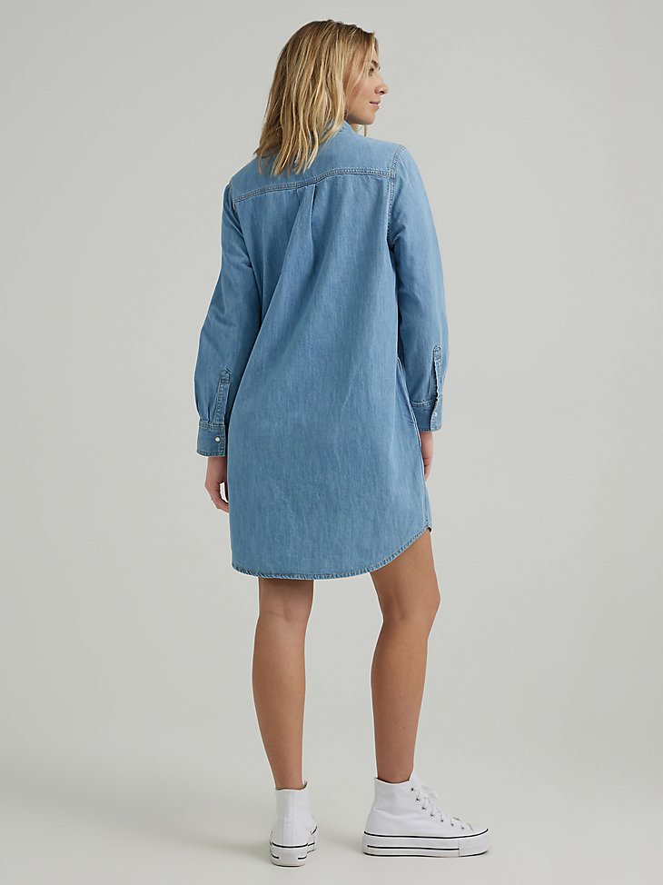 Women's Loose Fit Denim Shirt Dress in Scarecrow Blue