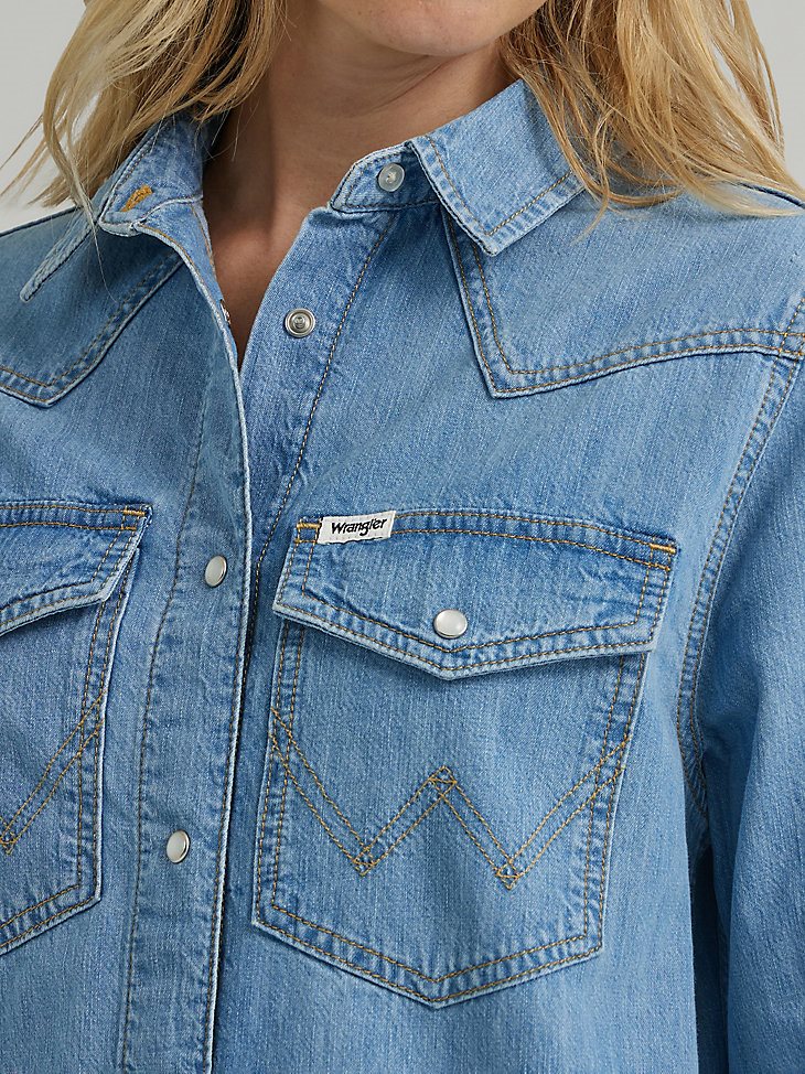 Women's Loose Fit Denim Shirt Dress in Scarecrow Blue