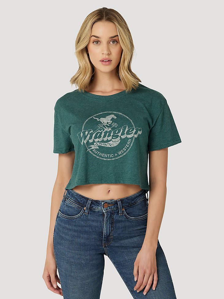 Women's Wrangler Galloping Boyfriend Crop Tee in Junebug Heather