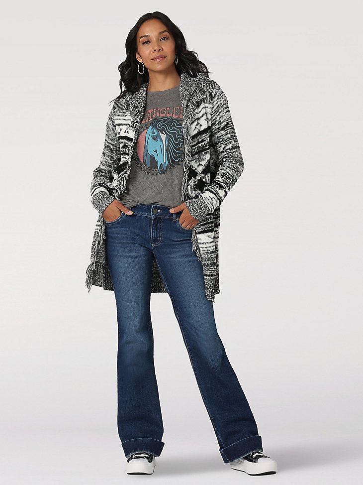 Women's Wrangler Southwestern Hooded Fringe Long Cardigan in Grey Marl