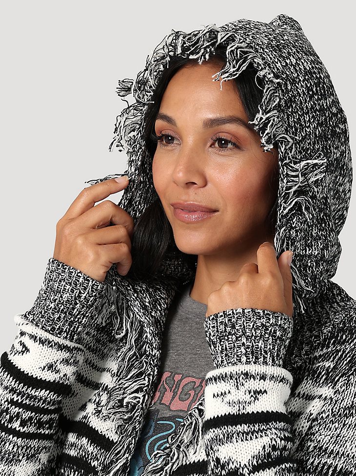 Women's Wrangler Southwestern Hooded Fringe Long Cardigan in Grey Marl
