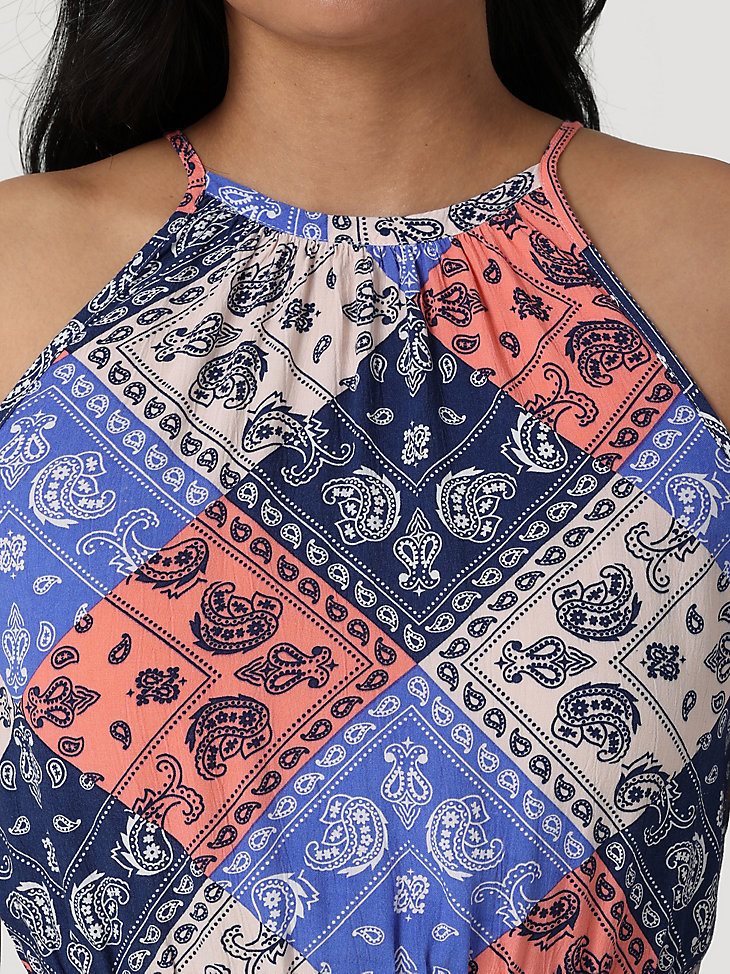 Women's Goddess Neck Tiered Dress in Patchwork Blue