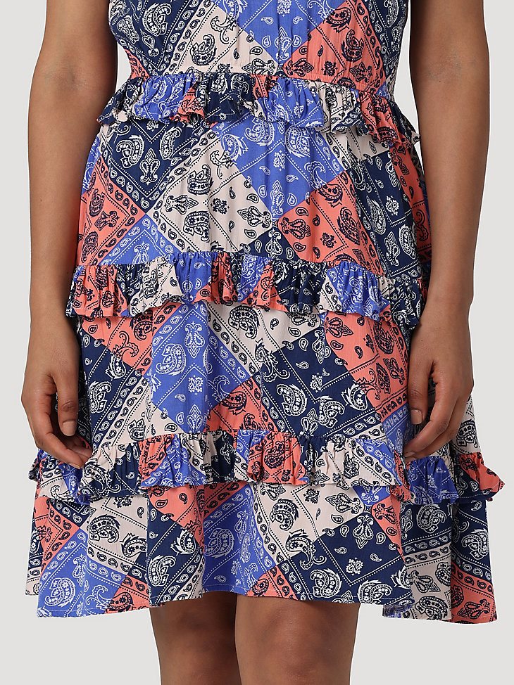 Women's Goddess Neck Tiered Dress in Patchwork Blue