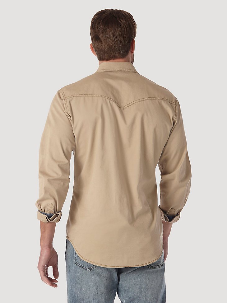 Men's Wrangler Contrast Trim Western Two Snap Flap Pocket Shirt in Tan