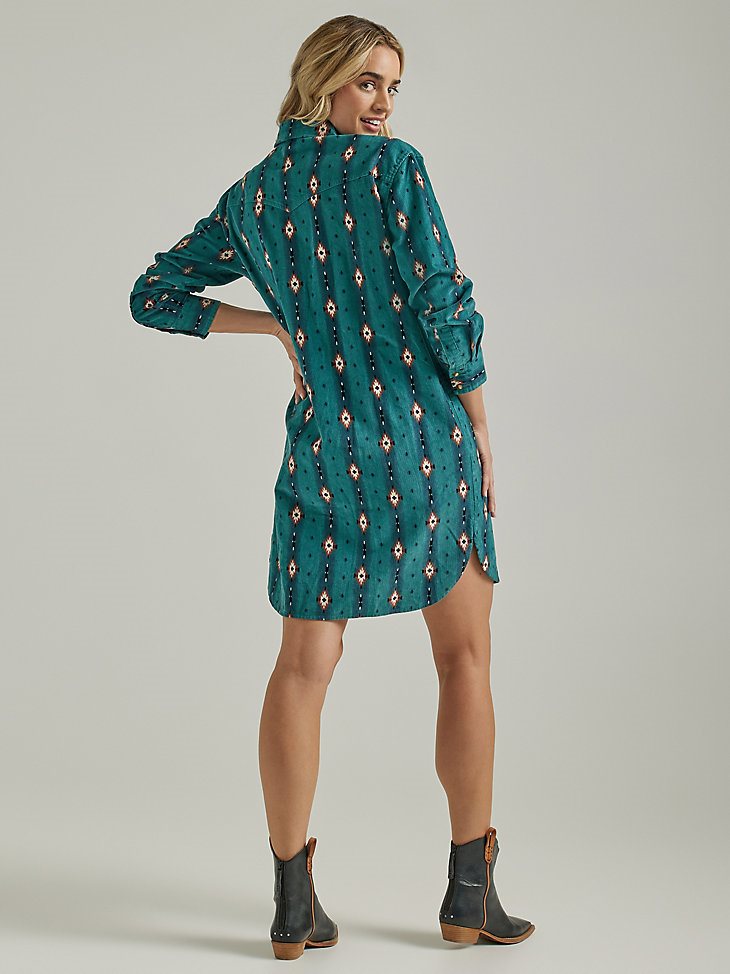 Women's Wrangler Retro Checotah Cord Western Shirt Dress in Blue Teal
