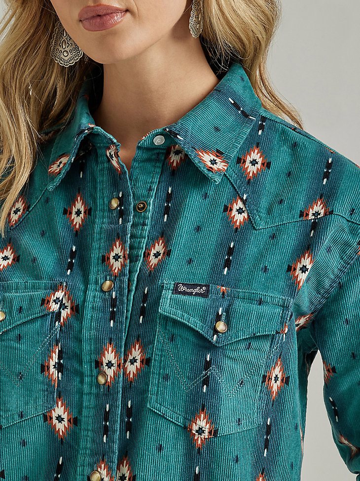 Women's Wrangler Retro Checotah Cord Western Shirt Dress in Blue Teal