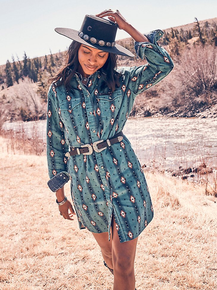 Women's Wrangler Retro Checotah Cord Western Shirt Dress in Blue Teal