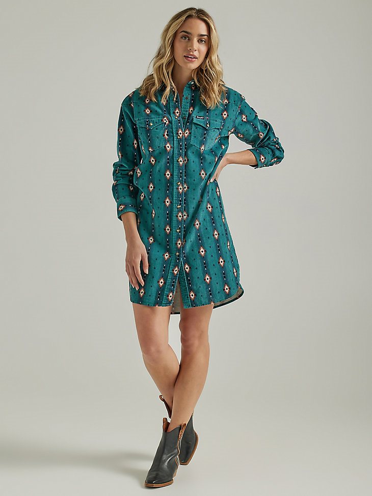 Women's Wrangler Retro Checotah Cord Western Shirt Dress in Blue Teal