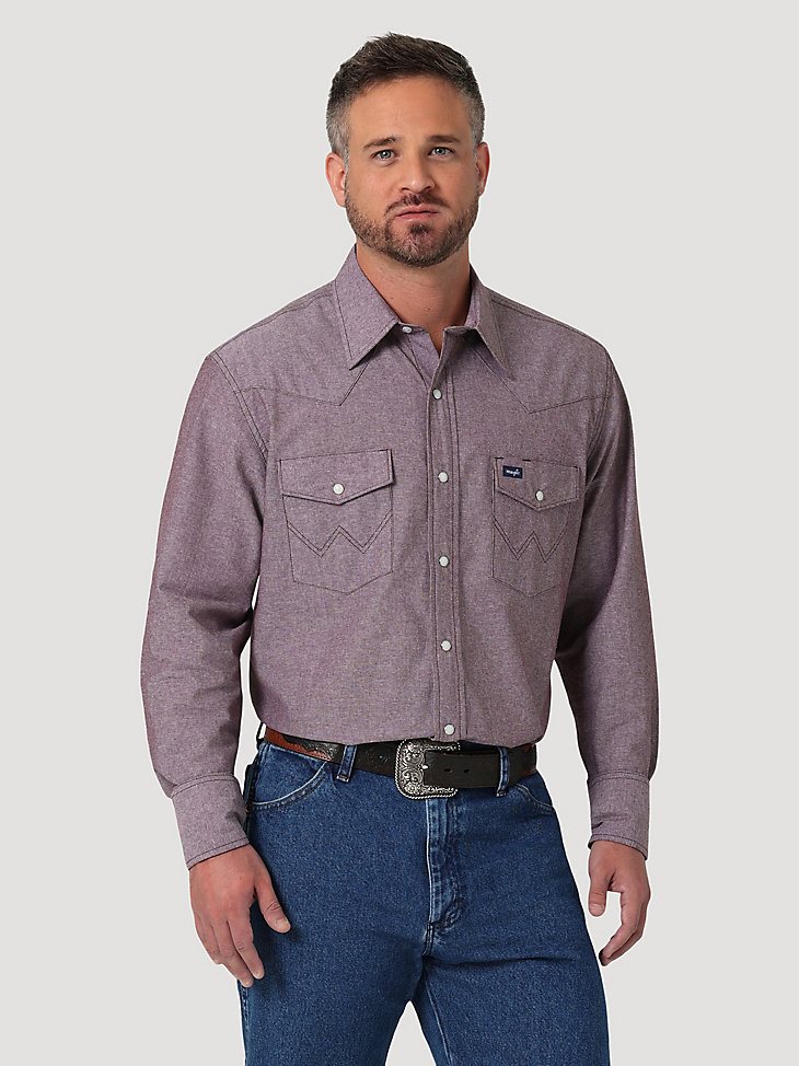 Men's Cowboy Cut Work Chambray Long Sleeve Western Snap Shirt in Port Burgundy