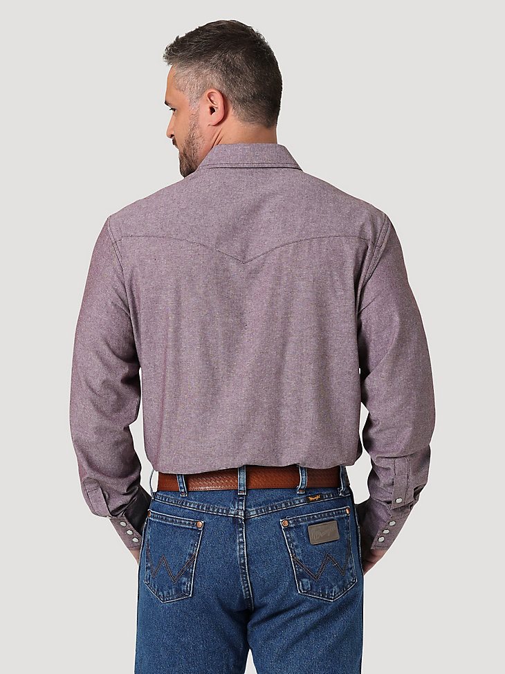 Men's Cowboy Cut Work Chambray Long Sleeve Western Snap Shirt in Port Burgundy