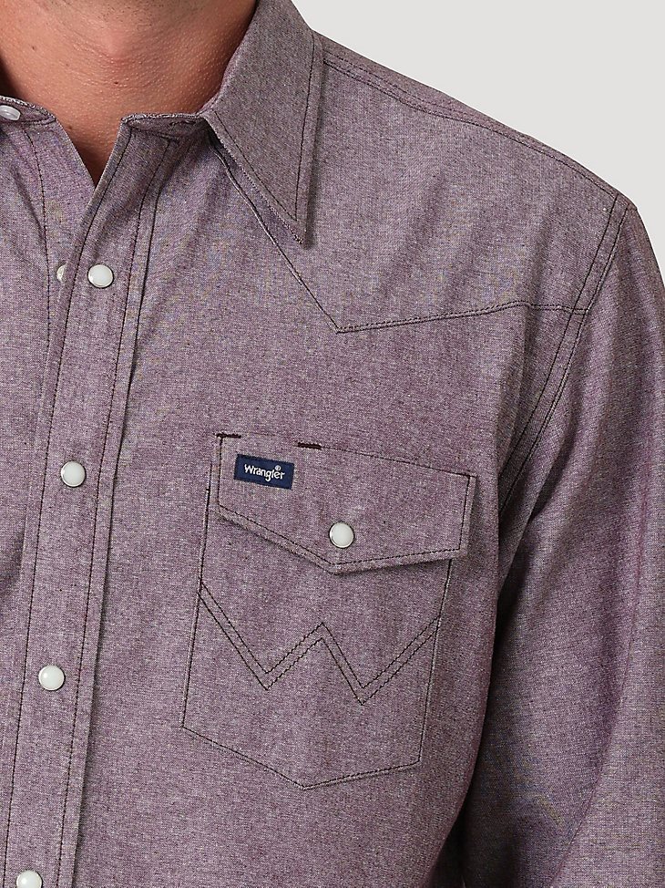 Men's Cowboy Cut Work Chambray Long Sleeve Western Snap Shirt in Port Burgundy