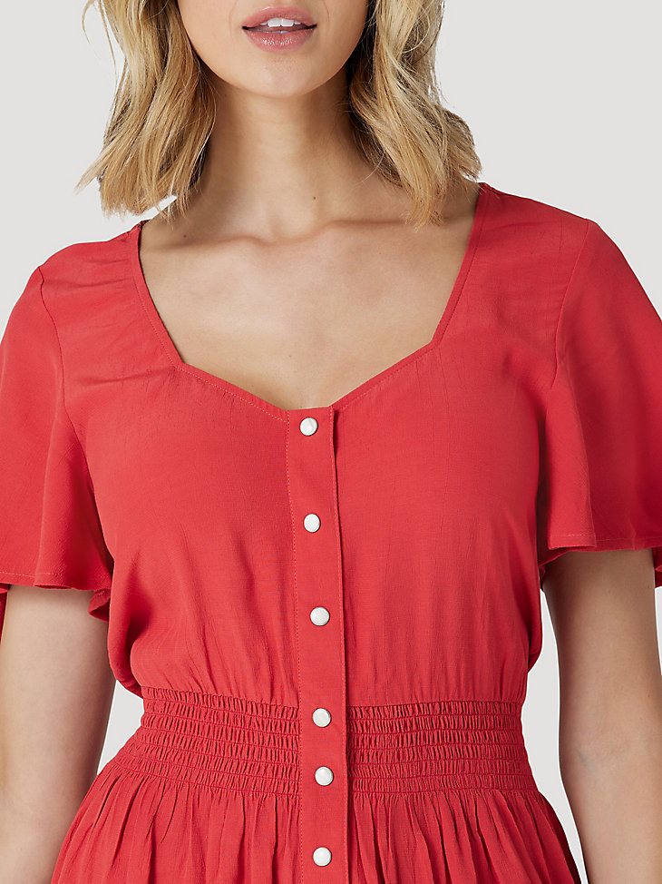 Women's Wrangler Retro Flutter Hem Snap Front Dress in Red