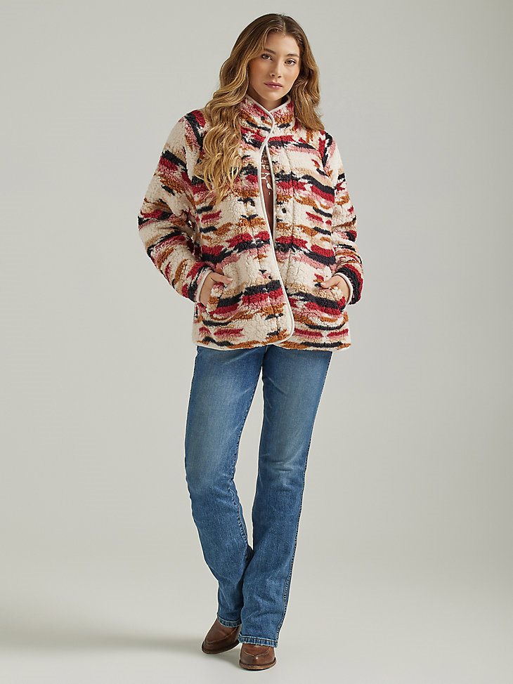 Women's Wrangler Retro Printed Sherpa Snap Jacket in Antique White