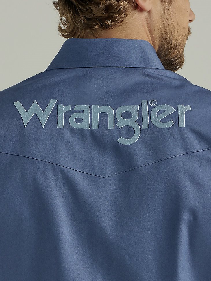 Men's Wrangler Logo Long Sleeve Western Snap Shirt in Bijou Blue