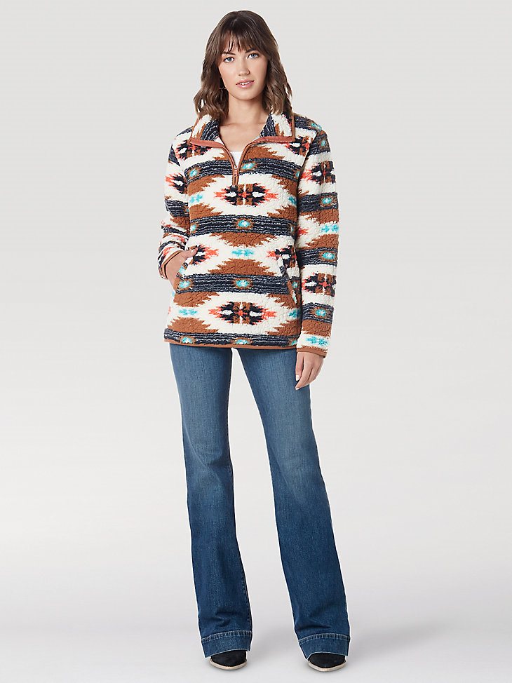 Women's Wrangler Retro Southwestern Print Quarter-Zip Sherpa Pullover in Argan Oil