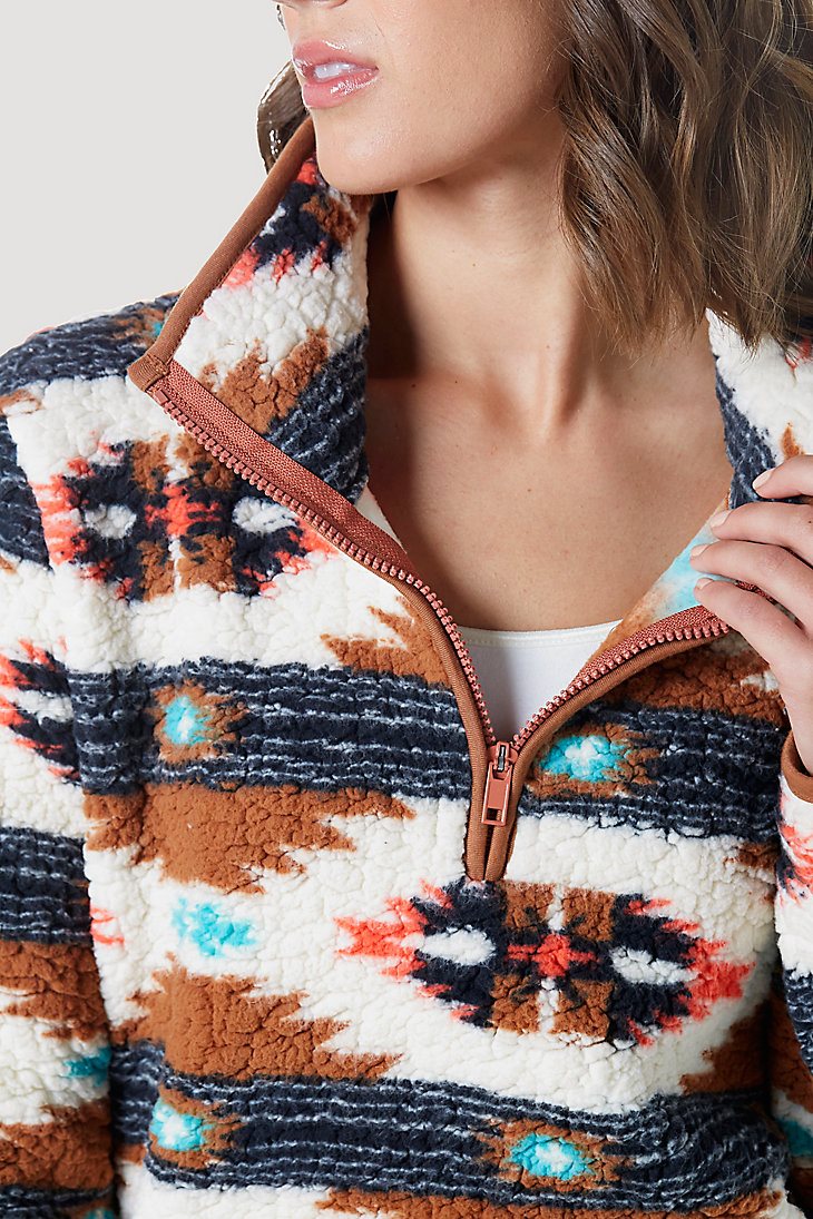 Women's Wrangler Retro Southwestern Print Quarter-Zip Sherpa Pullover in Argan Oil