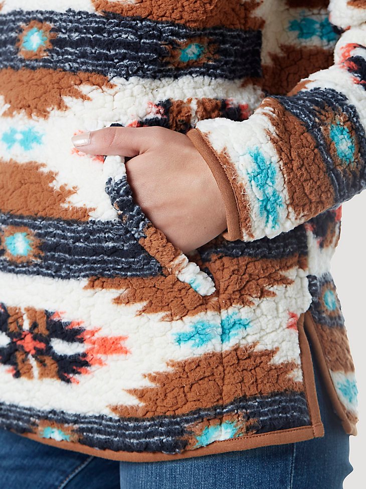Women's Wrangler Retro Southwestern Print Quarter-Zip Sherpa Pullover in Argan Oil