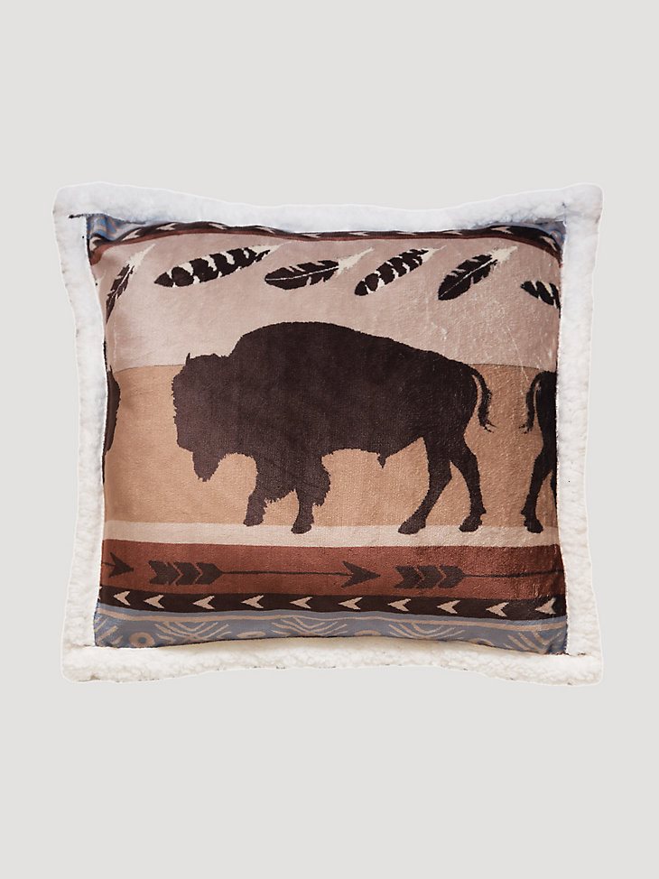 Wrangler Southwestern Buffalo Sherpa Fleece Plush Throw Pillow in Brown
