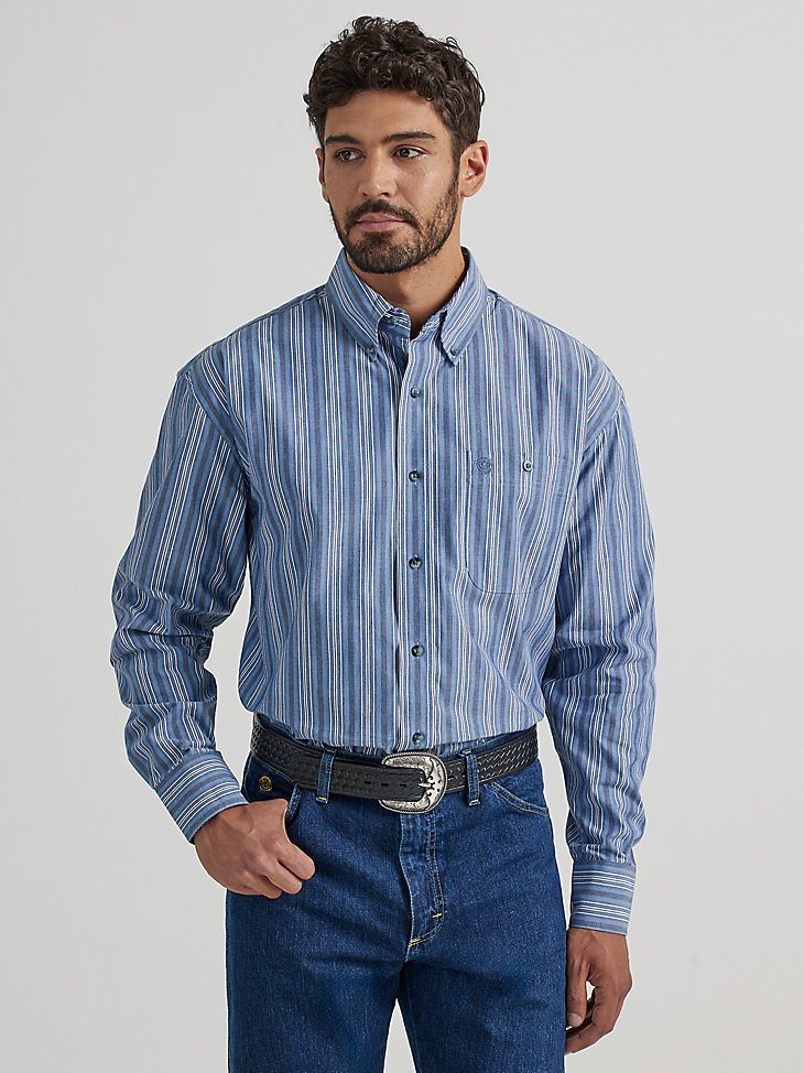 Wrangler George Strait Long Sleeve Button Down One Pocket Shirt in Periwinkle Stripe