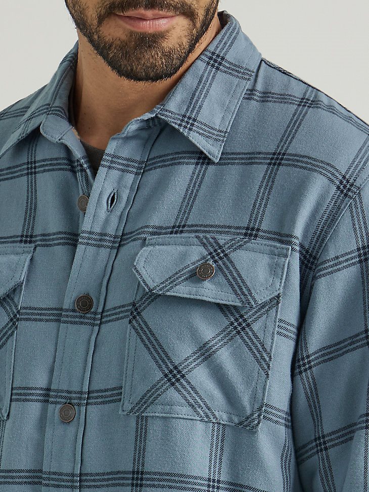 Men's Wrangler Heavyweight Plaid Sherpa Lined Shirt Jacket in Winter Blue