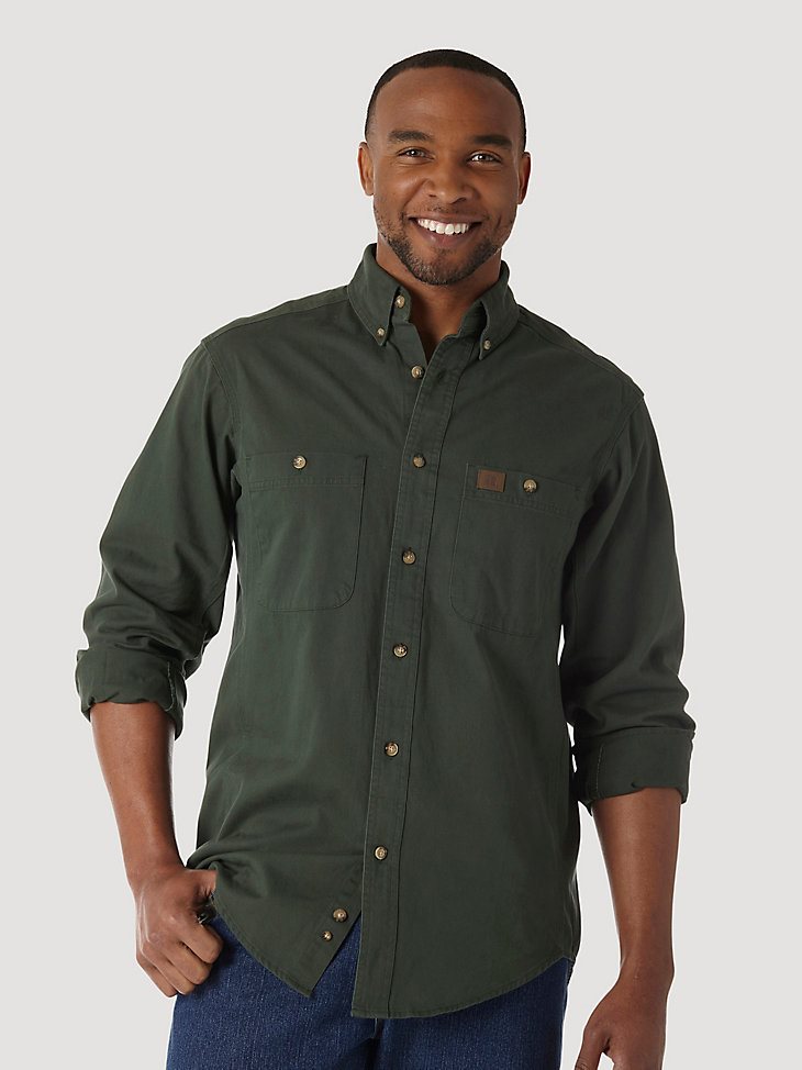 Wrangler RIGGS Workwear Long Sleeve Button Down Solid Twill Work Shirt in Forest Green