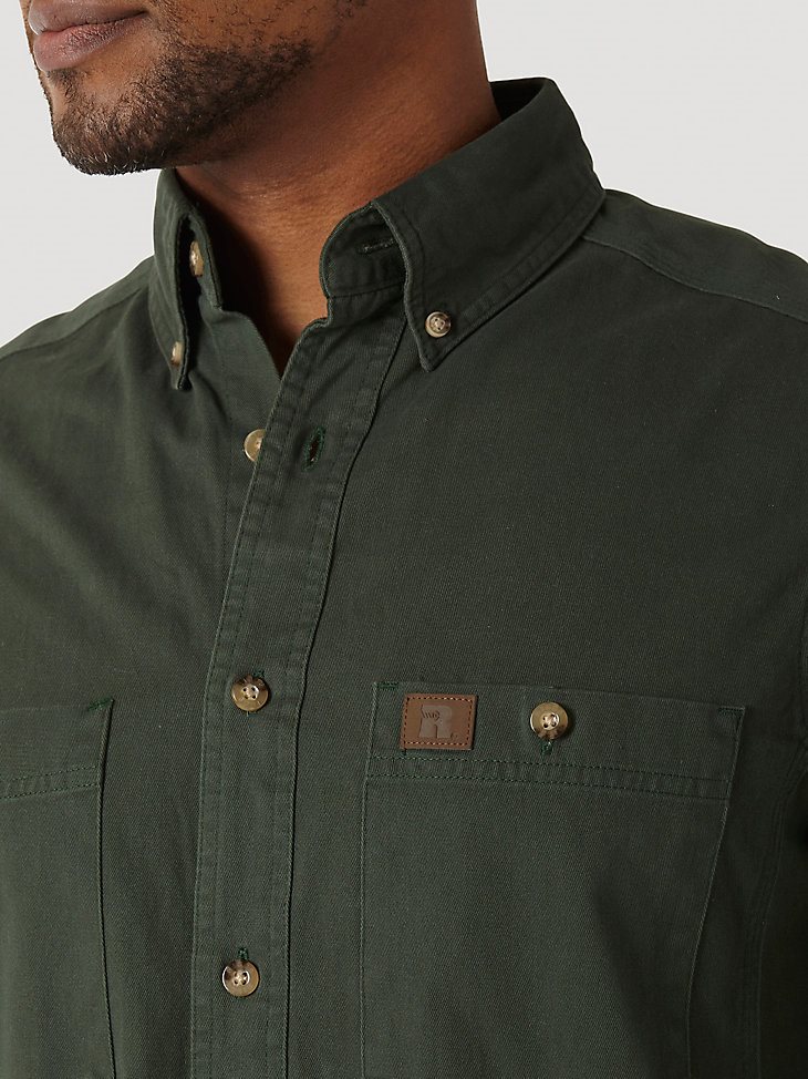Wrangler RIGGS Workwear Long Sleeve Button Down Solid Twill Work Shirt in Forest Green