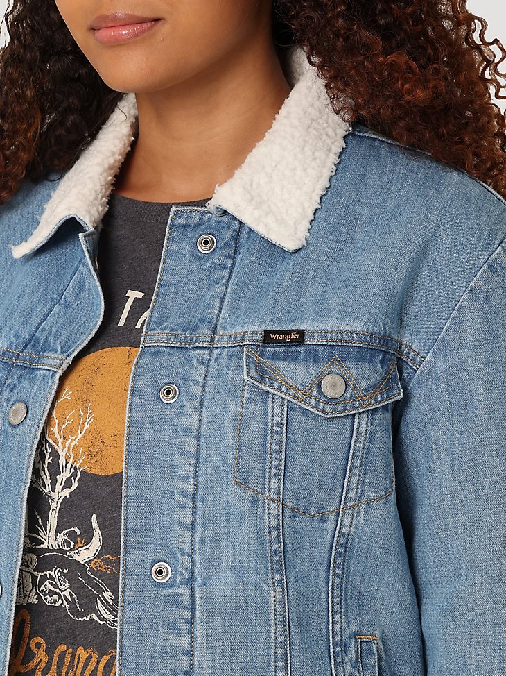 Women's Wrangler Denim Memory Maker Sherpa Jacket in Light Wash