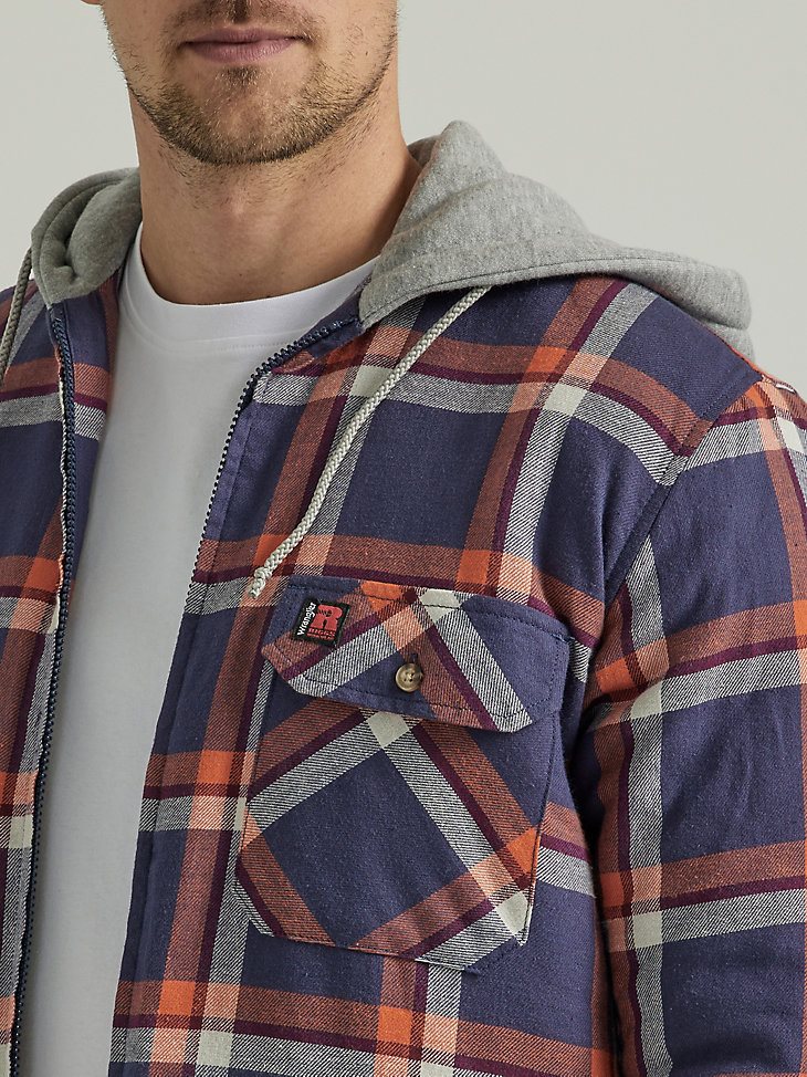 Wrangler RIGGS Workwear Long Sleeve Hooded Flannel Work Jacket in Navy Orange