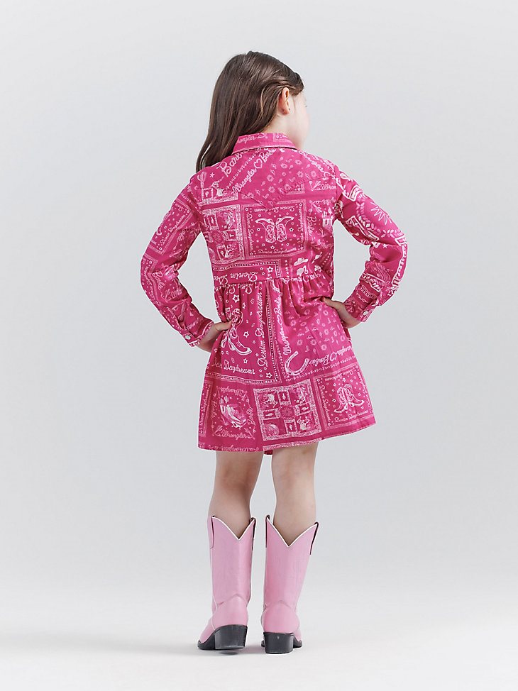 Wrangler x Barbie Girl's Bandana Western Snap Shirt Dress in Bandana Pink