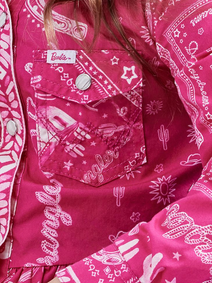 Wrangler x Barbie Girl's Bandana Western Snap Shirt Dress in Bandana Pink