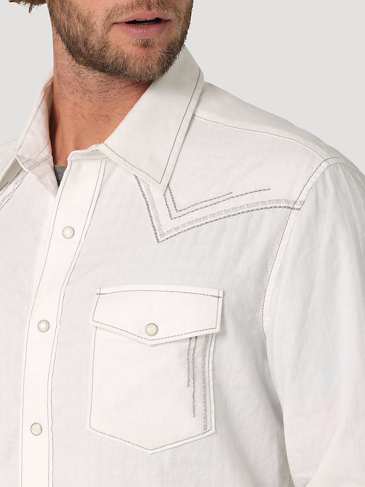 Men's Rock 47 by Wrangler Long Sleeve Embroidered Yoke Western Snap Solid Shirt in White Ember