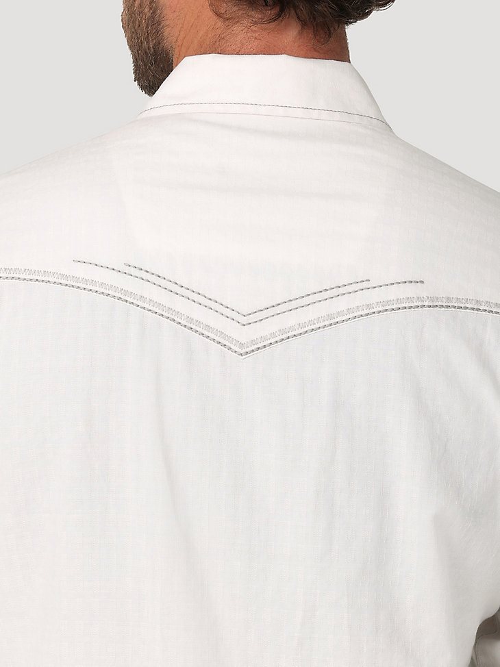 Men's Rock 47 by Wrangler Long Sleeve Embroidered Yoke Western Snap Solid Shirt in White Ember