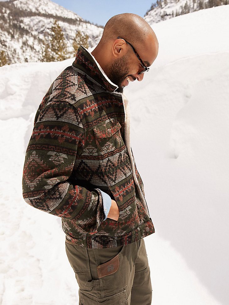 Men's Wrangler Sherpa Lined Jacquard Print Jacket in Olive