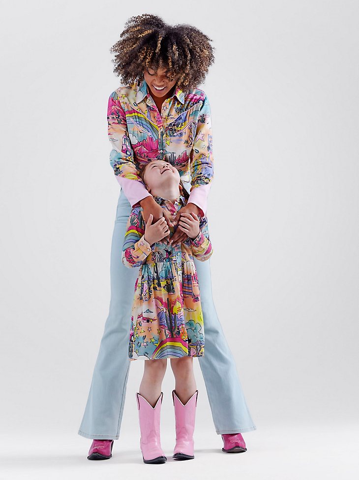 Wrangler x Barbie Girl's Illustrated Western Snap Shirt Dress in Multi Print