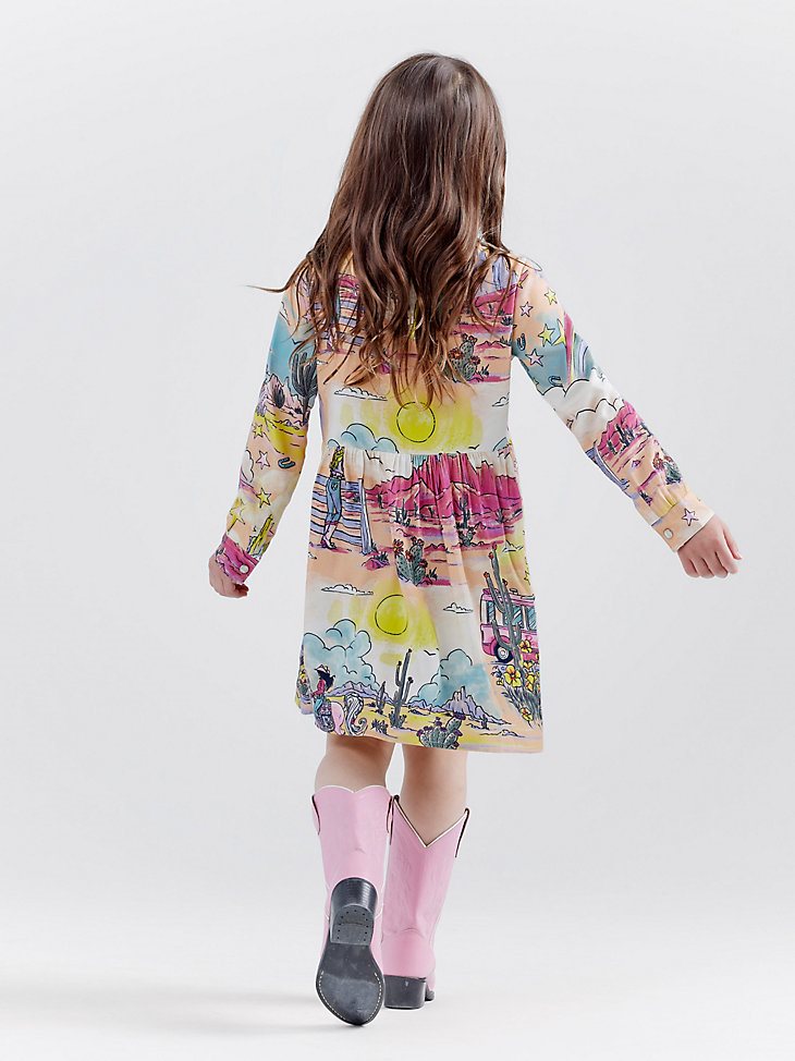 Wrangler x Barbie Girl's Illustrated Western Snap Shirt Dress in Multi Print