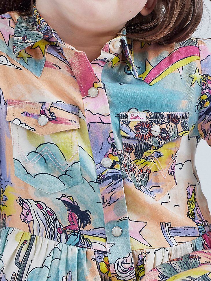 Wrangler x Barbie Girl's Illustrated Western Snap Shirt Dress in Multi Print