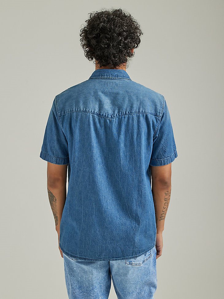 Men's Short Sleeve Western Denim Shirt in Medium Wash
