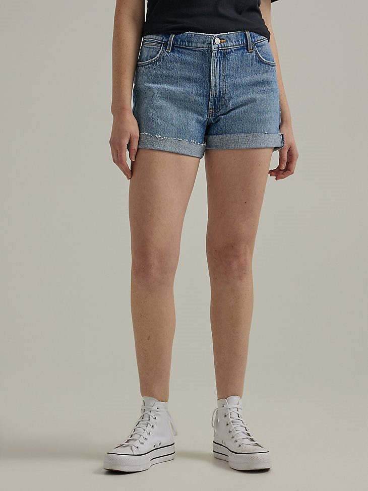 Women's Destructed Denim Roll Short in Marigold