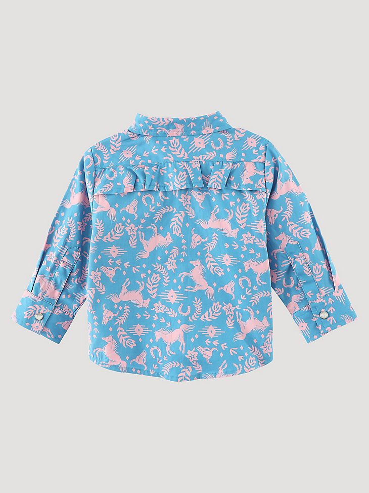 Little Girl's Long Sleeve Horse Print Western Snap Shirt in Blue