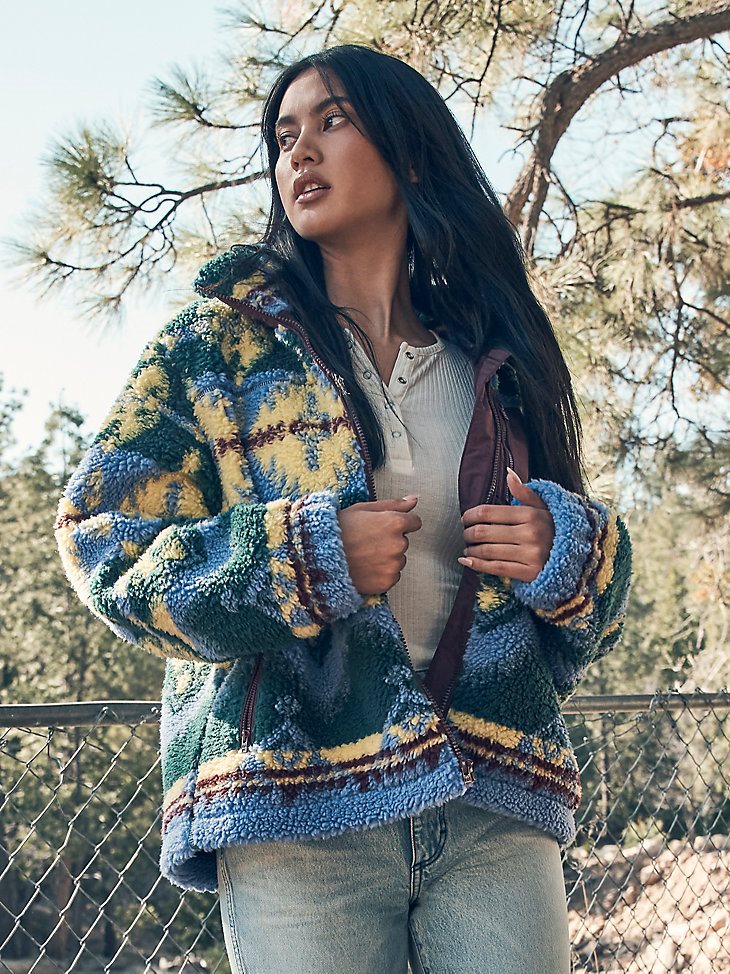 Women's All Over Printed Sherpa Jacket in Very Peri Purple