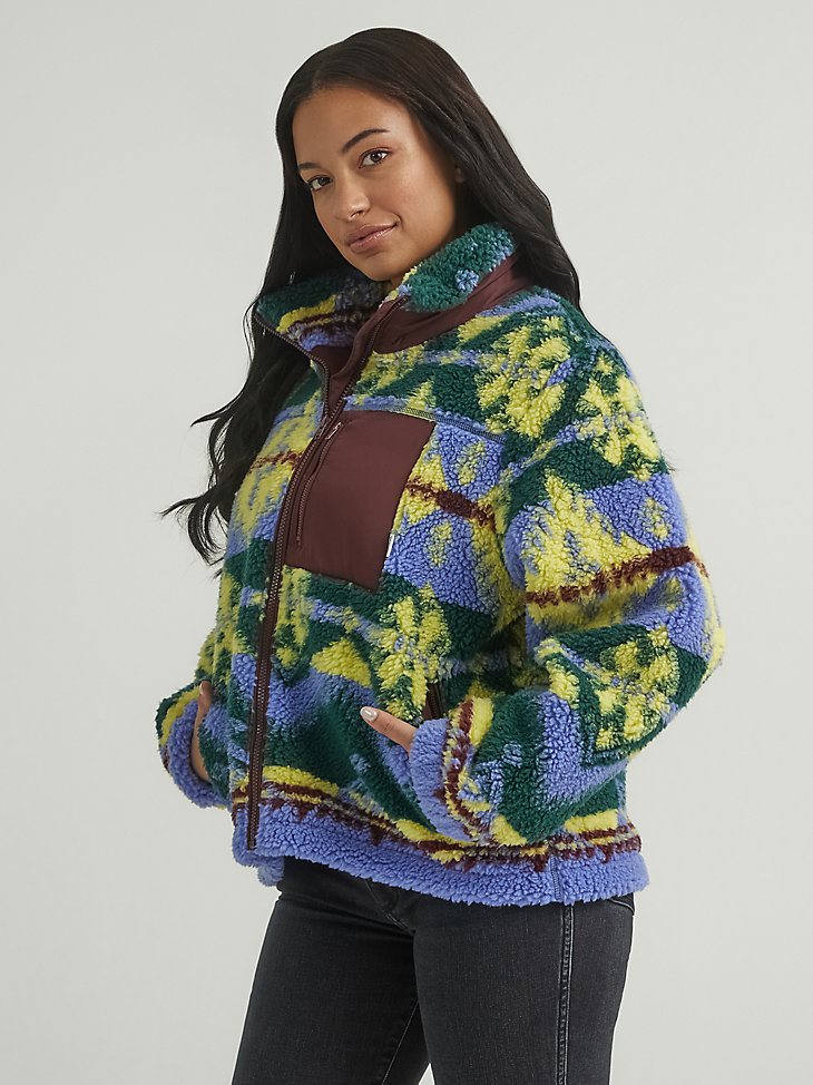 Women's All Over Printed Sherpa Jacket in Very Peri Purple