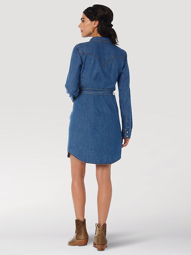 Women's Long Sleeve Western Snap Denim Dress in Mid Denim