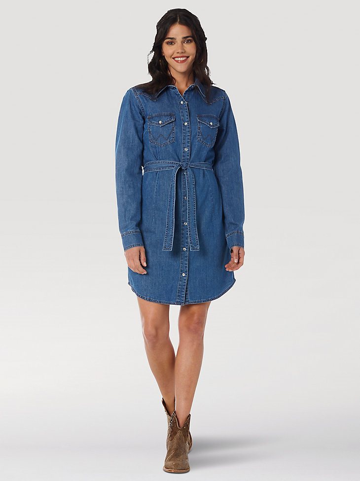 Women's Long Sleeve Western Snap Denim Dress in Mid Denim