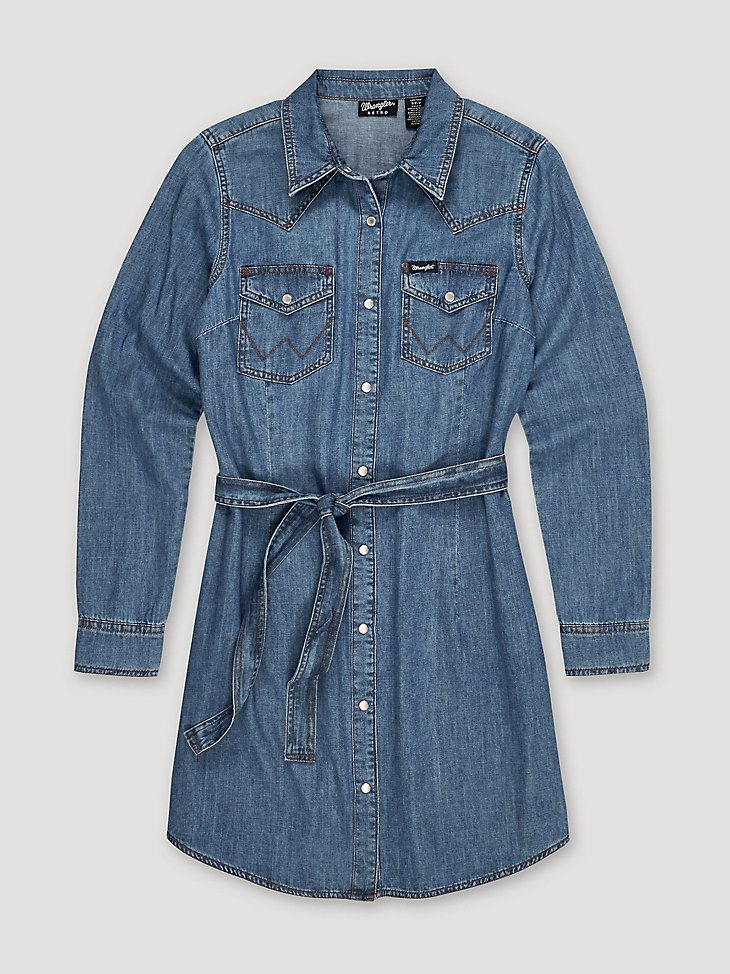Women's Long Sleeve Western Snap Denim Dress in Mid Denim