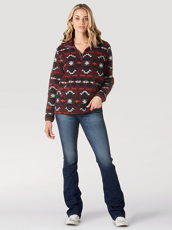 Women's Wrangler Retro Southwestern Print Quarter-Zip Sherpa Pullover in Wine Tasting