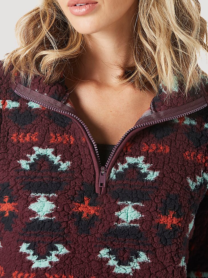 Women's Wrangler Retro Southwestern Print Quarter-Zip Sherpa Pullover in Wine Tasting